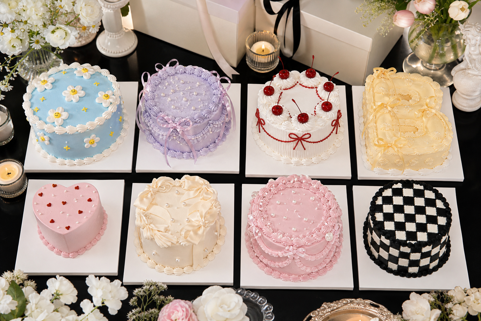 Overhead collection of pastel custom cakes on white boards with flowers, cream boxes, and candles.