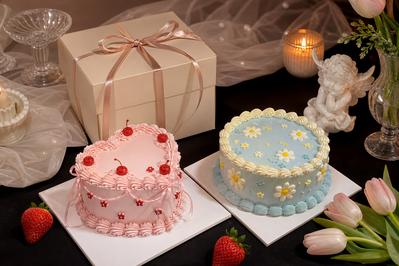 Pink heart cake and pale blue daisy cake styled with a ribbon-tied cake box, candles, tulips, and strawberries.